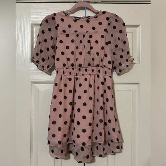 Kidpik Pink & Black Puff Sleeve Polka Dot Smocked Waist Tiered Dress Size L (12) - Picture 2 of 4